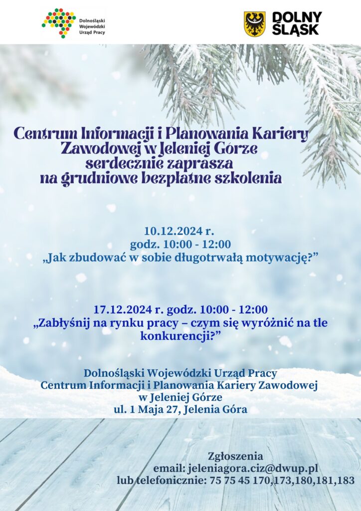 Plakat plan warsztatów na grudzień w Centrum Informacji i Planowania Kariery Zawodowej w Jeleniej Górze.