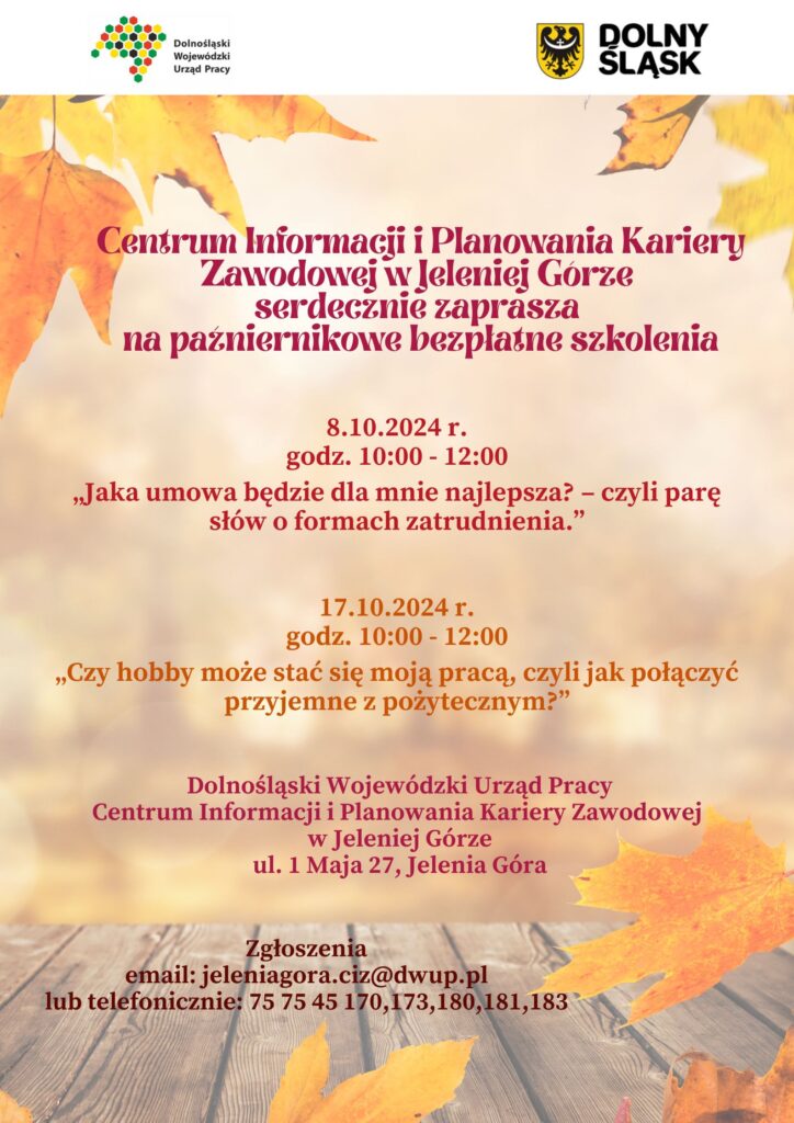 Plakat plan warsztatów na październik w Centrum Informacji i Planowania Kariery Zawodowej w Jeleniej Górze.
