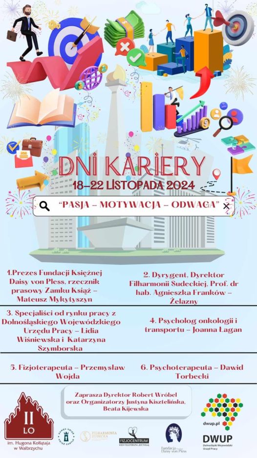Plakat Dni Kariery, książki, wykres, tarcza, chorągiewki