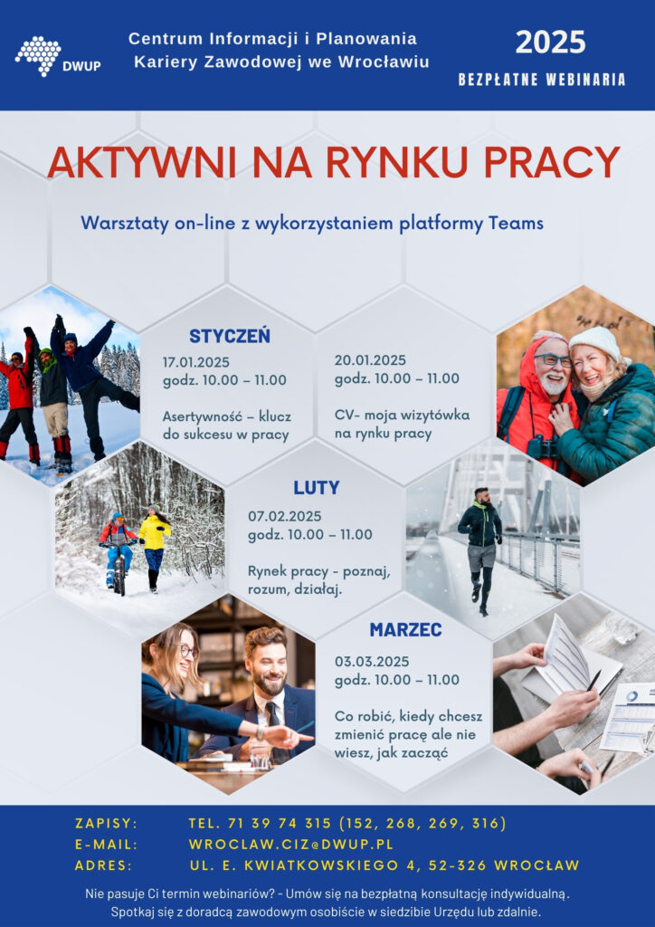 Plakat O Nazwie Aktywni Na Rynku Pracy, Terminy Webinariów W 1 kw. 2025 Roku,